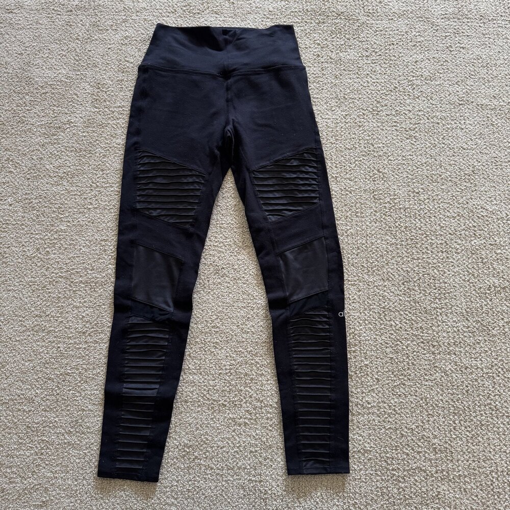 Yoga Alo Leggings High-Waist Moto Womens Black Quilted Ribbed Panels Size XS